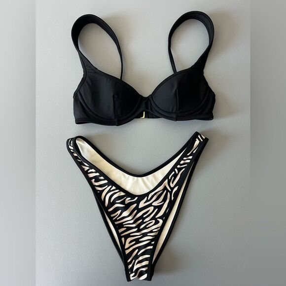 New Rumored Havana Top Black and Wynwood Bottom Black Zebra Print Bikini Set - Picture 2 of 8
